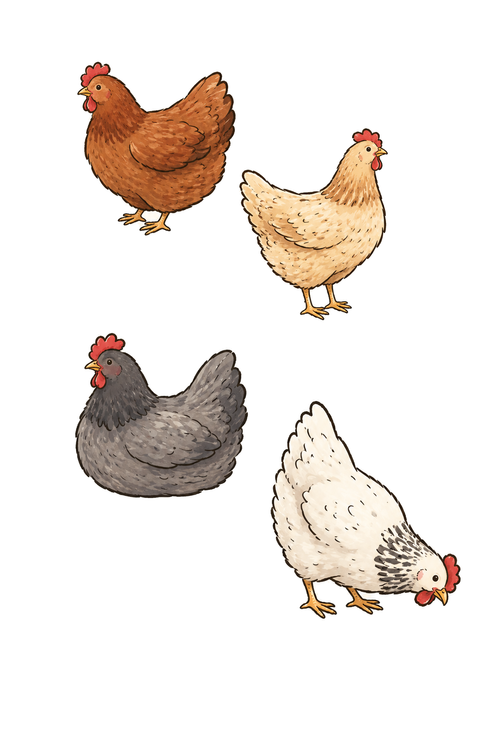 Four illustrated hens
