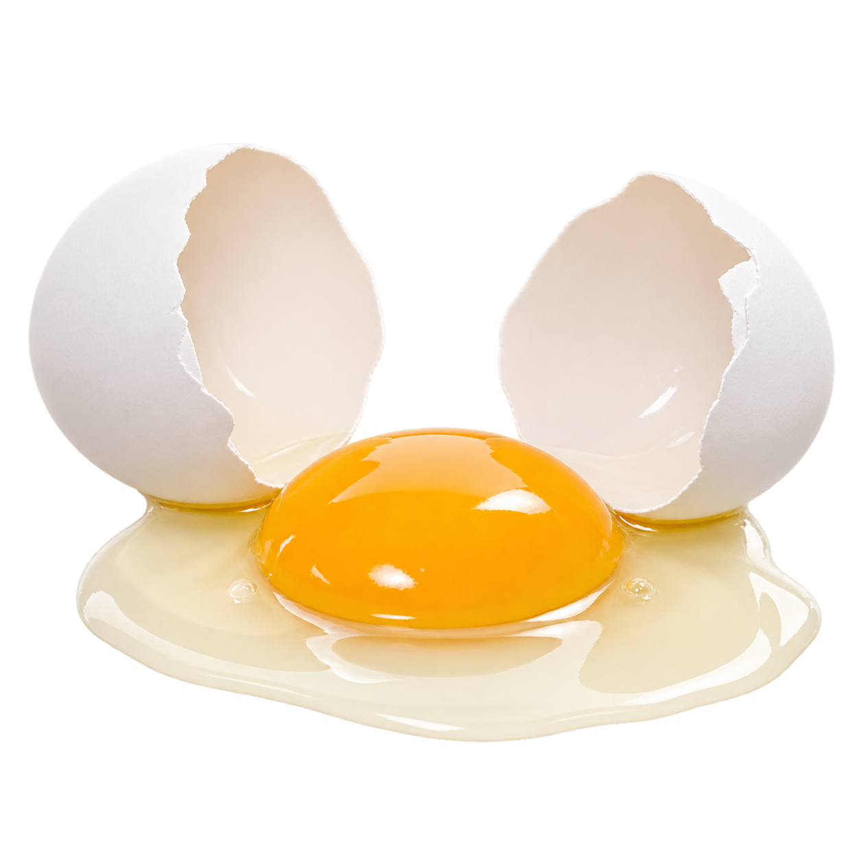 Cracked egg with shell halves and spilled yolk
